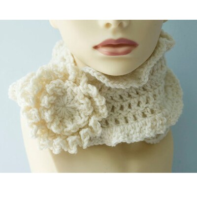 Crocheted Ruffle Scarf with Scarf Pin, Ruffled Scarf, Woman's Neck Scarf - image2